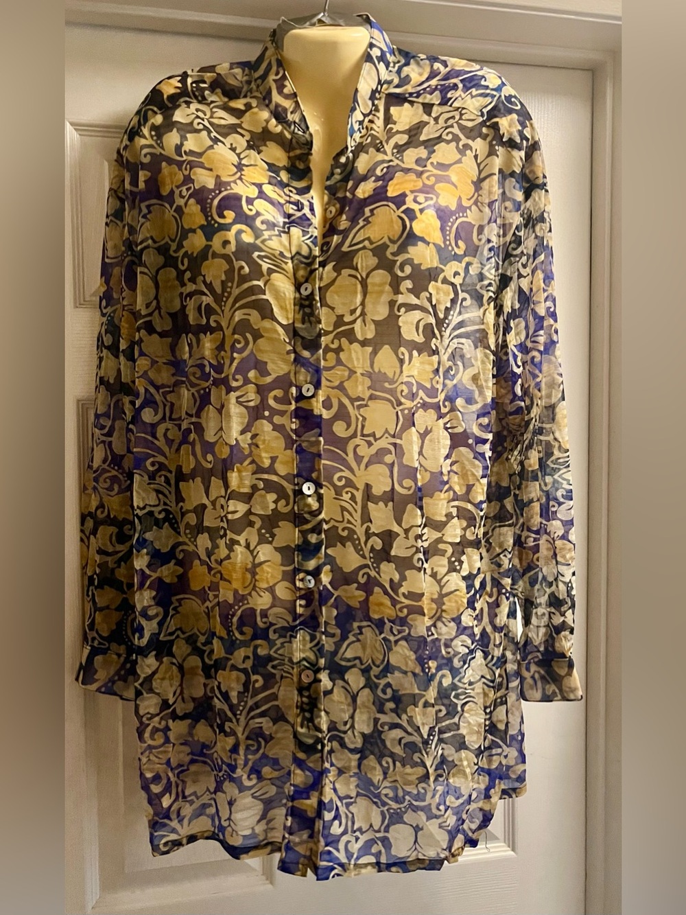Oscar de la Renta Blue and Gold Floral Swim Cover-Up Sz XLarge